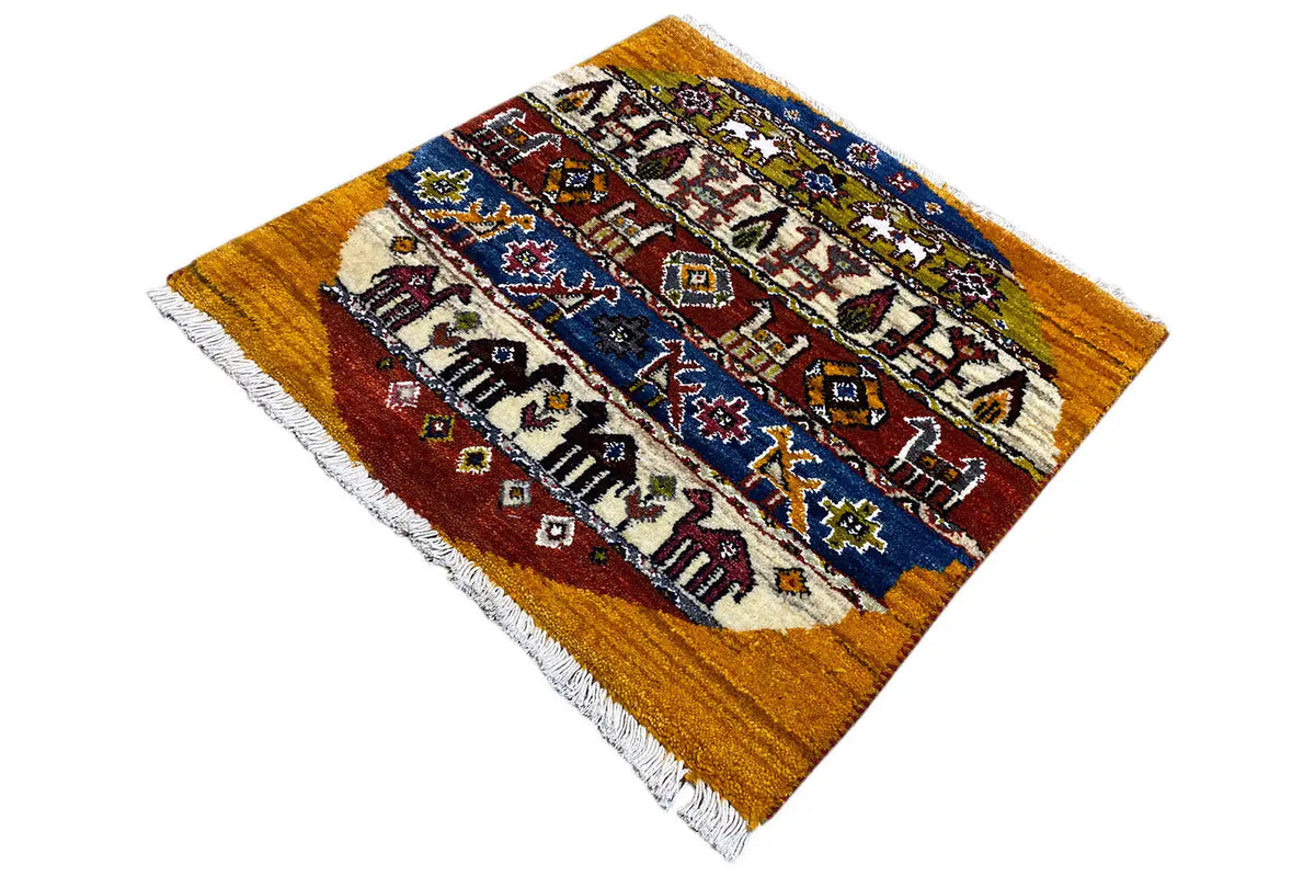 Gabbeh-Lori rug (58x56 cm), diagonal, high-contrast embroidered pattern with fringe