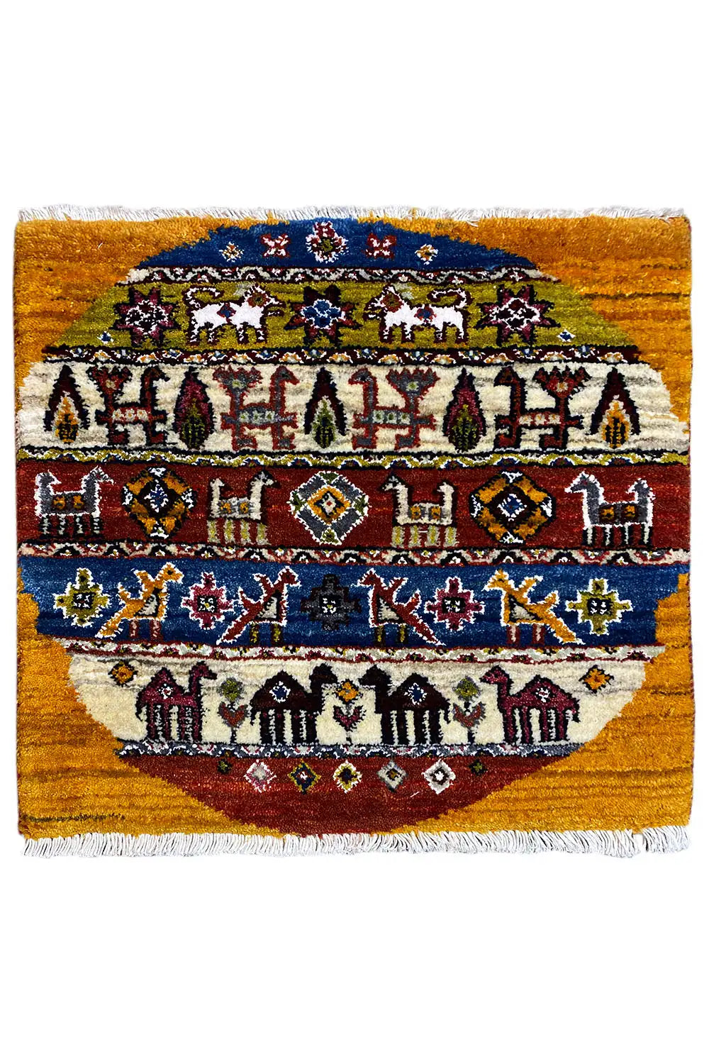 Gabbeh-Lori rug (58x56 cm) with a pattern in yellow, blue, red, and white