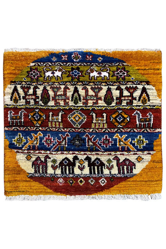 Gabbeh-Lori rug (58x56 cm) with a pattern in yellow, blue, red, and white