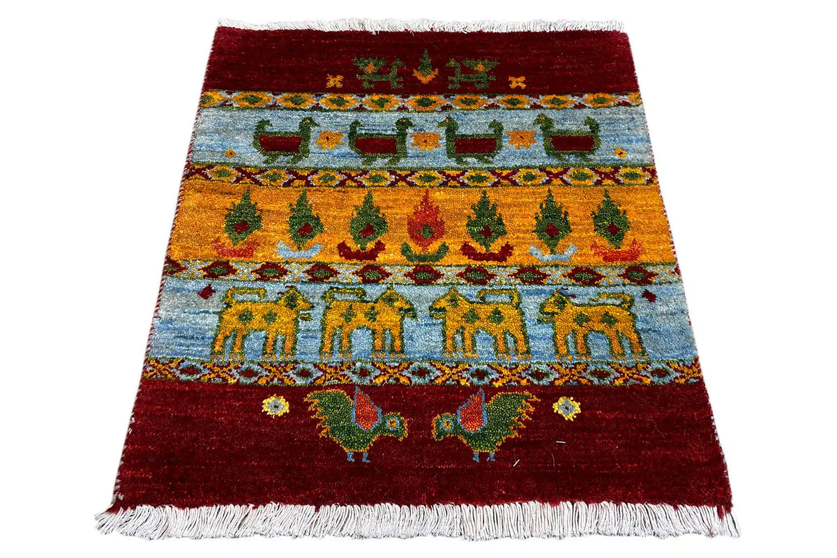Gabbeh Lori rug 61x58 cm: colorful pattern, fringes, red and blue with orange-yellow shapes