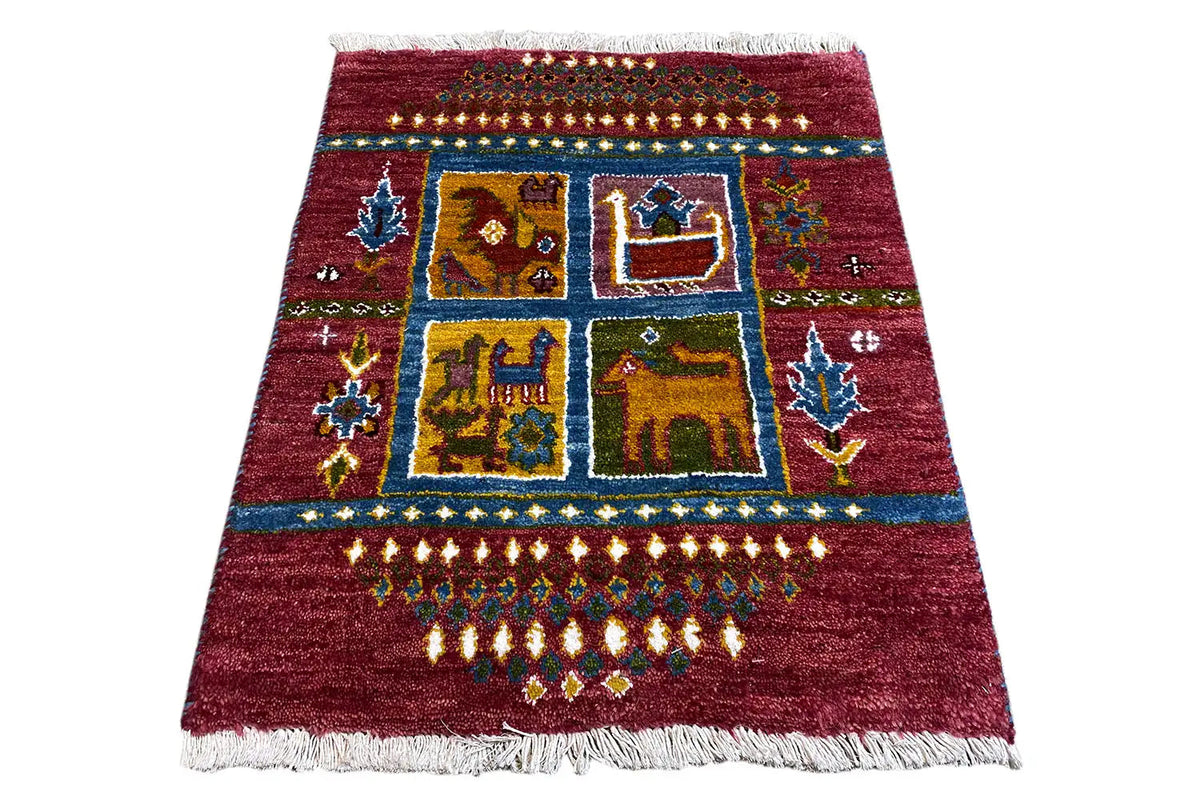 Gabbeh Lori rug 63x52 cm, reddish brown with ornamental motifs and white fringes
