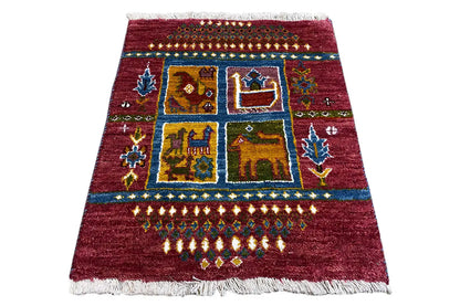 Gabbeh Lori rug 63x52 cm, reddish brown with ornamental motifs and white fringes