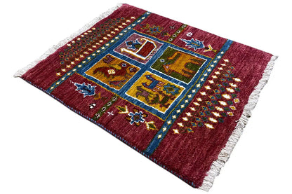 Gabbeh Lori rug 63x52 cm, diagonally patterned with squares, stars and fringes along the edge