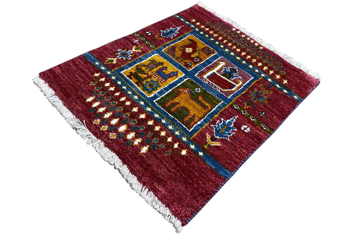 Gabbeh Lori rug 63x52 cm, diagonal view with colorful squares, stars, and fringes