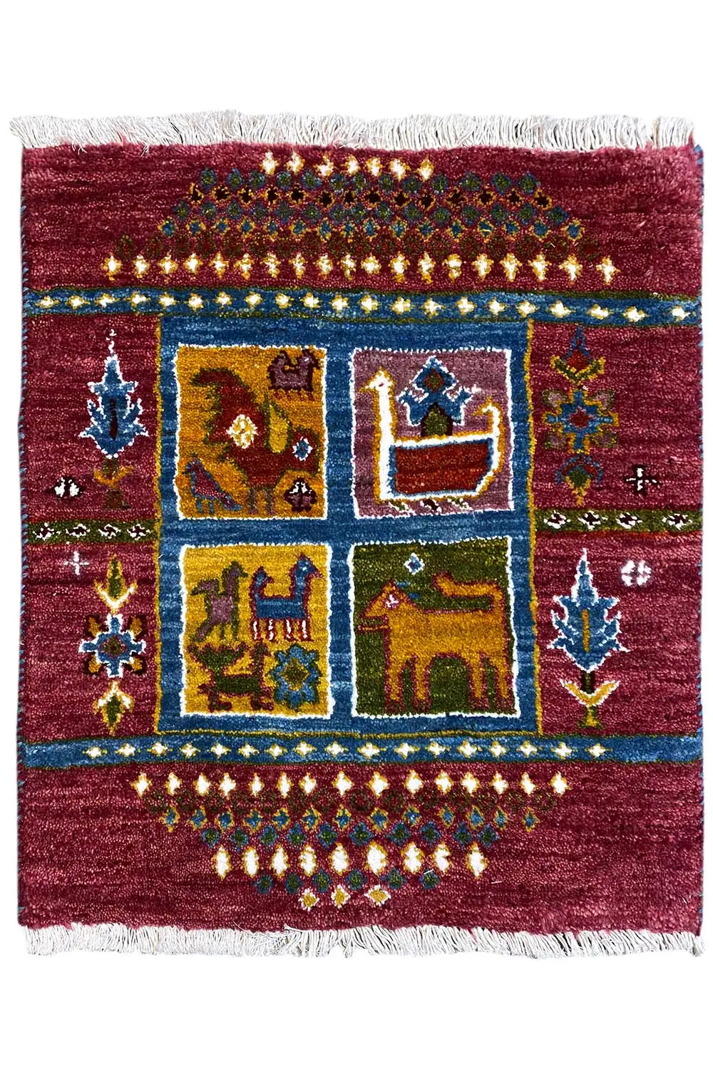 Gabbeh Lori rug 63x52 cm with geometric pattern in burgundy, blue and yellow