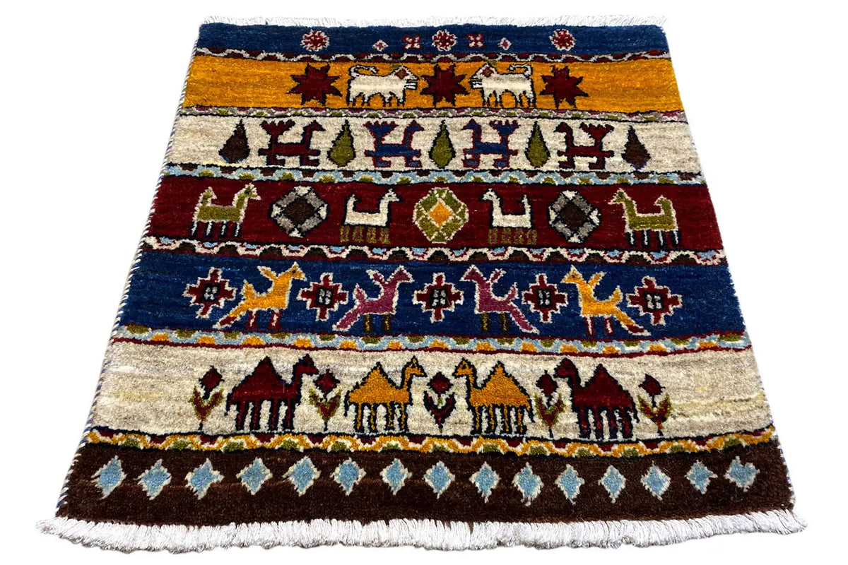 Gabbeh-Lori rug 60x58 cm, diagonal, with animal motifs and a multicolored border design