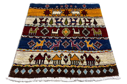 Gabbeh-Lori rug 60x58 cm, diagonal, with animal motifs and a multicolored border design
