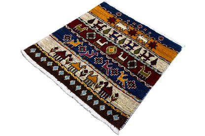 Gabbeh Lori rug 60x58 cm from an angled perspective, fringes, striped patterns