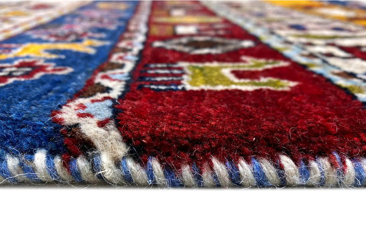 Gabbeh-Lori rug 60x58 cm close-up: colorful border with fringes and patterned stripes