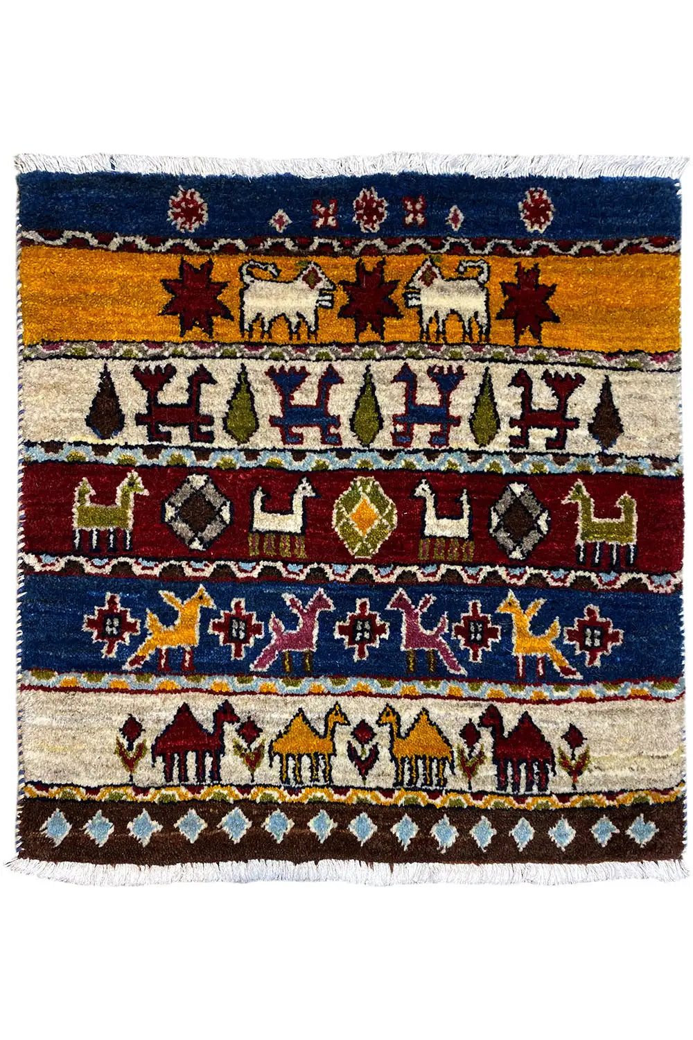 Gabbeh-Lori rug 60x58 cm with colorful animal and ornamental motifs, fringes