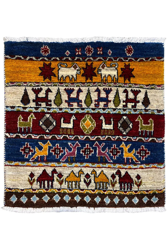 Gabbeh-Lori rug 60x58 cm with colorful animal and ornamental motifs, fringes