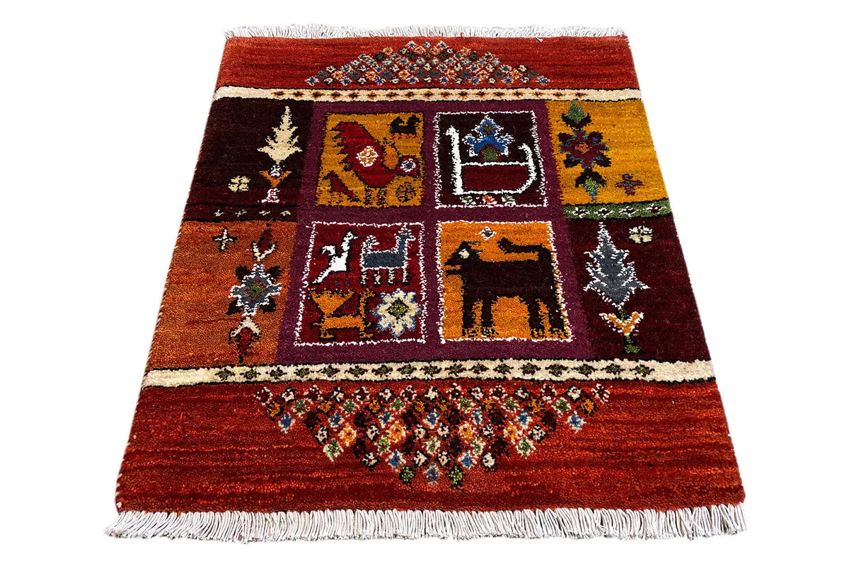 Gabbeh Lori rug 66x59 cm, red low-pile rug with border and square motifs