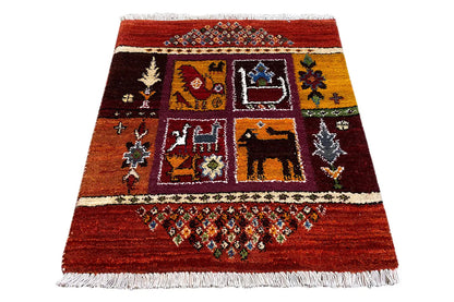Gabbeh Lori rug 66x59 cm, red low-pile rug with border and square motifs