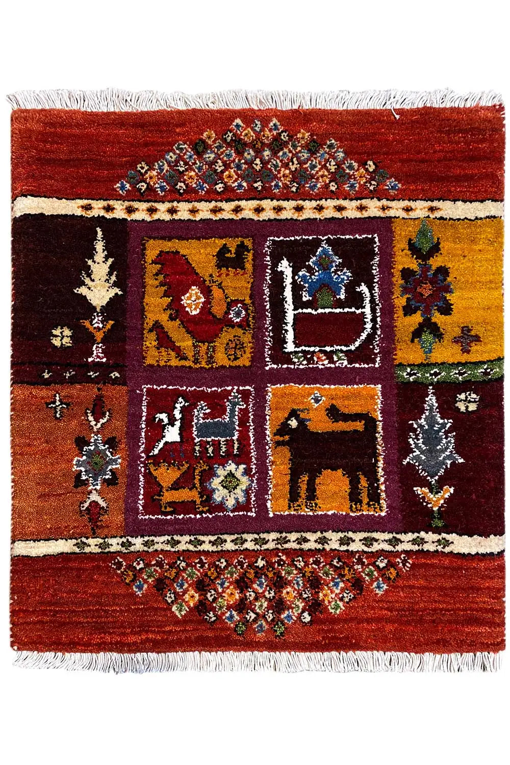 Gabbeh-Lori rug 66x59 cm, red design with multicolored ornaments