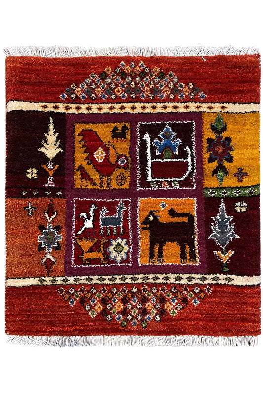 Gabbeh-Lori rug 66x59 cm, red design with multicolored ornaments