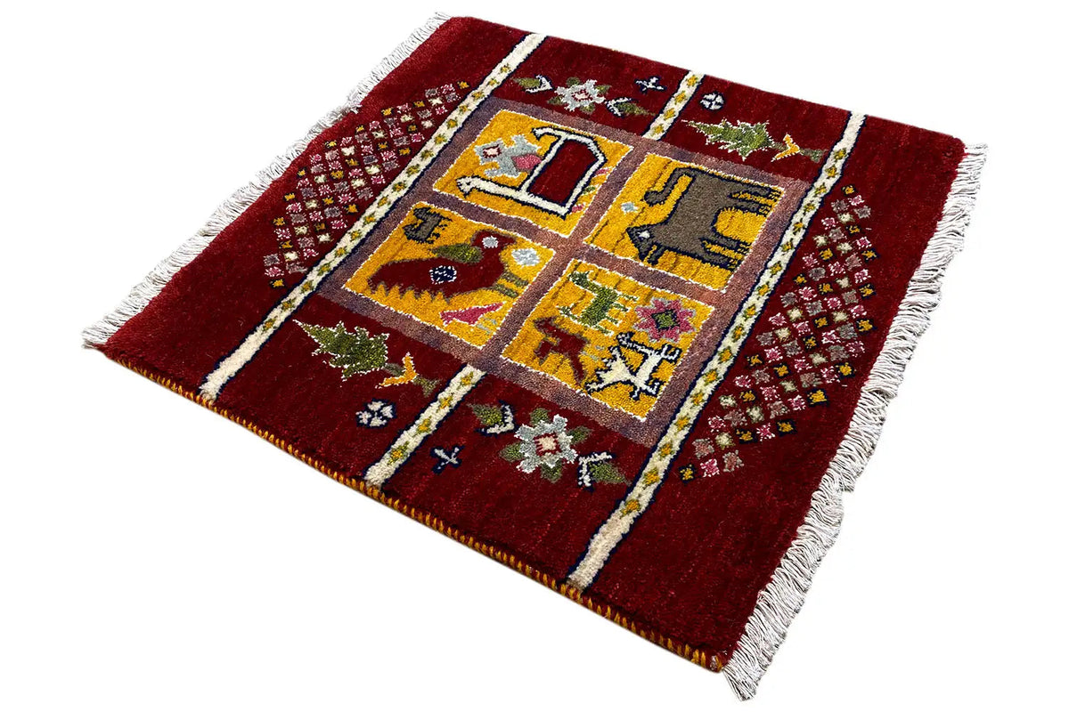 Gabbeh Lori rug, red with a double-row border pattern and white fringed edge