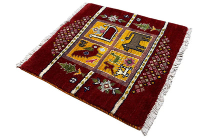 Gabbeh Lori rug, red with a double-row border pattern and white fringed edge