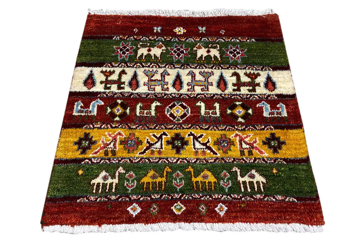 Gabbeh Lori rug, 55x64 cm: rectangular, multicolored with animal and ornamental bands