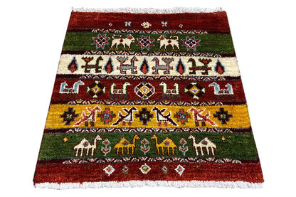 Gabbeh Lori rug, 55x64 cm: rectangular, multicolored with animal and ornamental bands