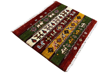 Gabbeh Lori rug, 55x64 cm: side view, multicolored borders and ornaments