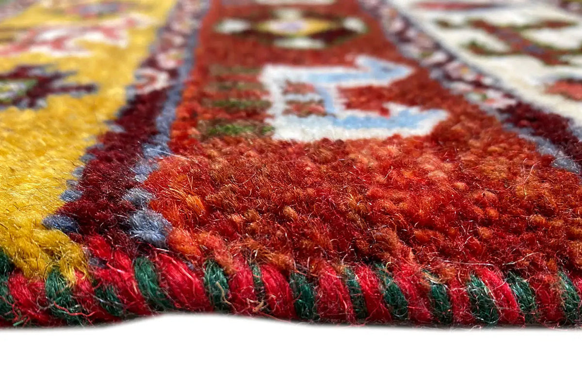 Gabbeh Lori rug, 55x64 cm: Detail with fringe and dense, colorful pile
