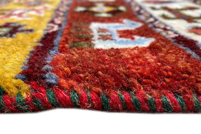 Gabbeh Lori rug, 55x64 cm: Detail with fringe and dense, colorful pile