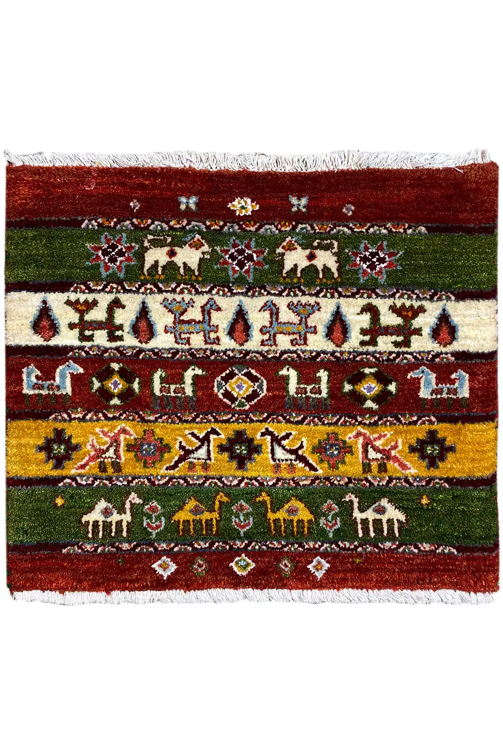 Gabbeh Lori rug (55x64 cm) with a green, red, and yellow pattern, goats