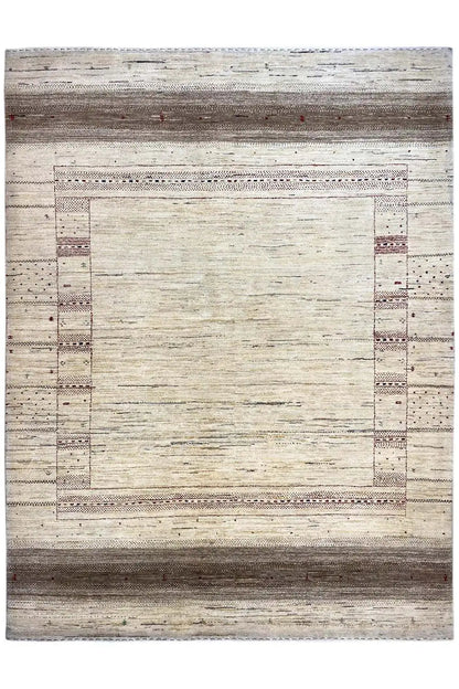 Lori Gabbeh rug, central pattern field framed by borders in light beige and brown