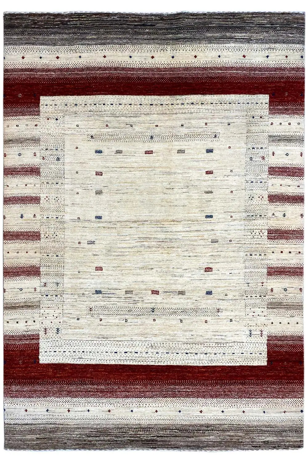 Gabbeh rug with a central cream-colored square and reddish-brown border
