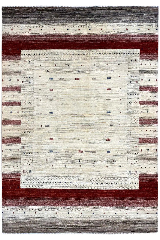 Gabbeh rug with a central cream-colored square and reddish-brown border