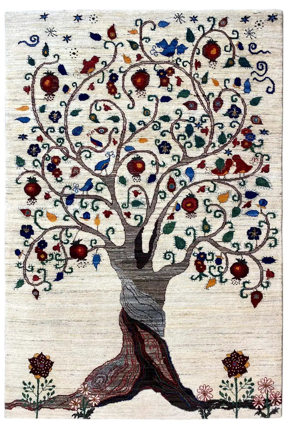 Gabbeh rug with a tree motif, cream-colored, blue-red-green decorations