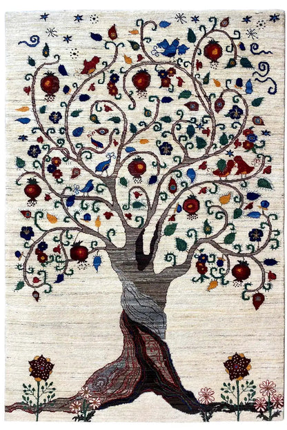 Gabbeh rug with a tree motif, cream-colored, blue-red-green decorations