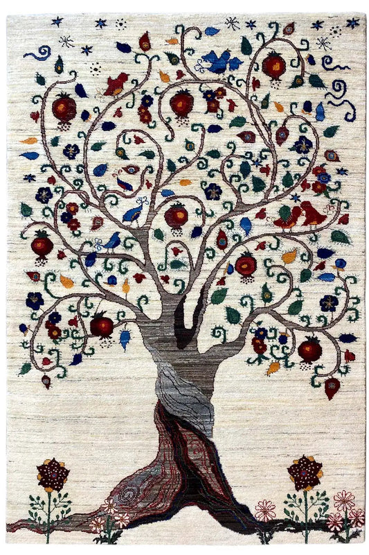 Gabbeh rug with a tree motif, cream-colored, blue-red-green decorations