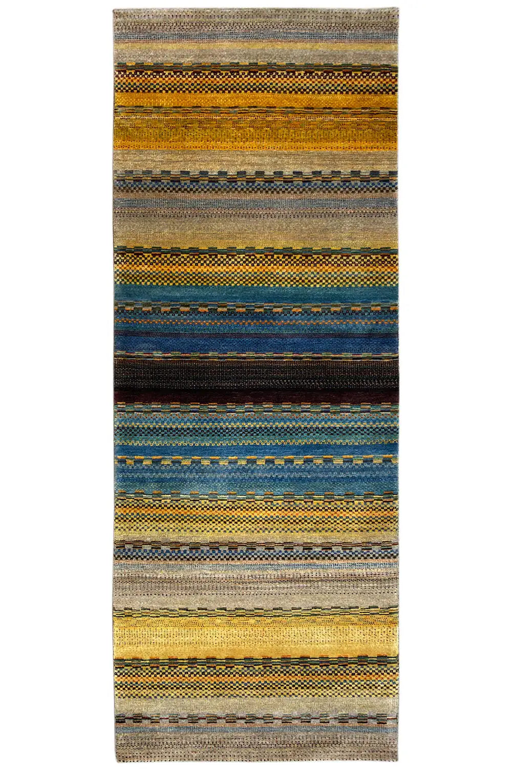 Gabbeh rug with horizontal stripes in brown, blue, yellow and gray