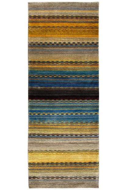 Gabbeh rug with horizontal stripes in brown, blue, yellow and gray
