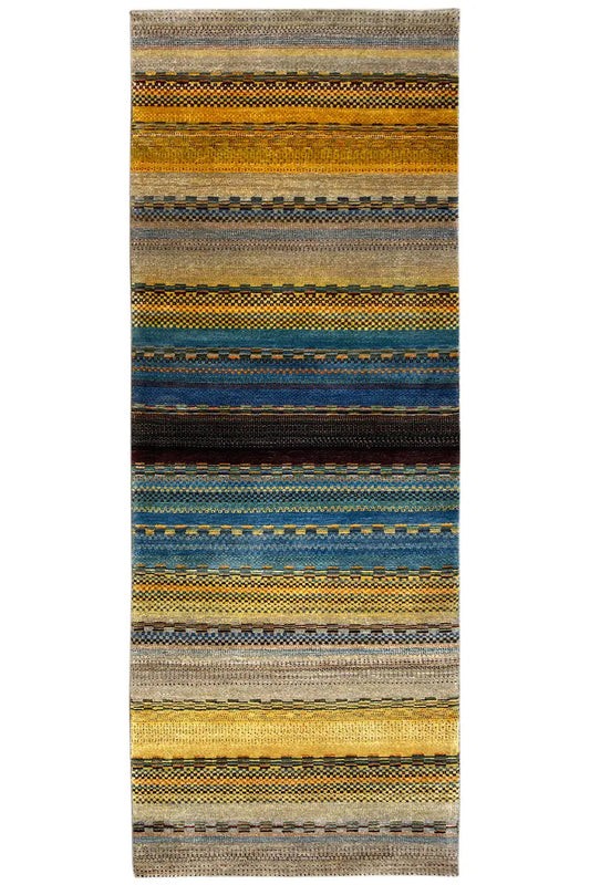 Gabbeh rug with horizontal stripes in brown, blue, yellow and gray