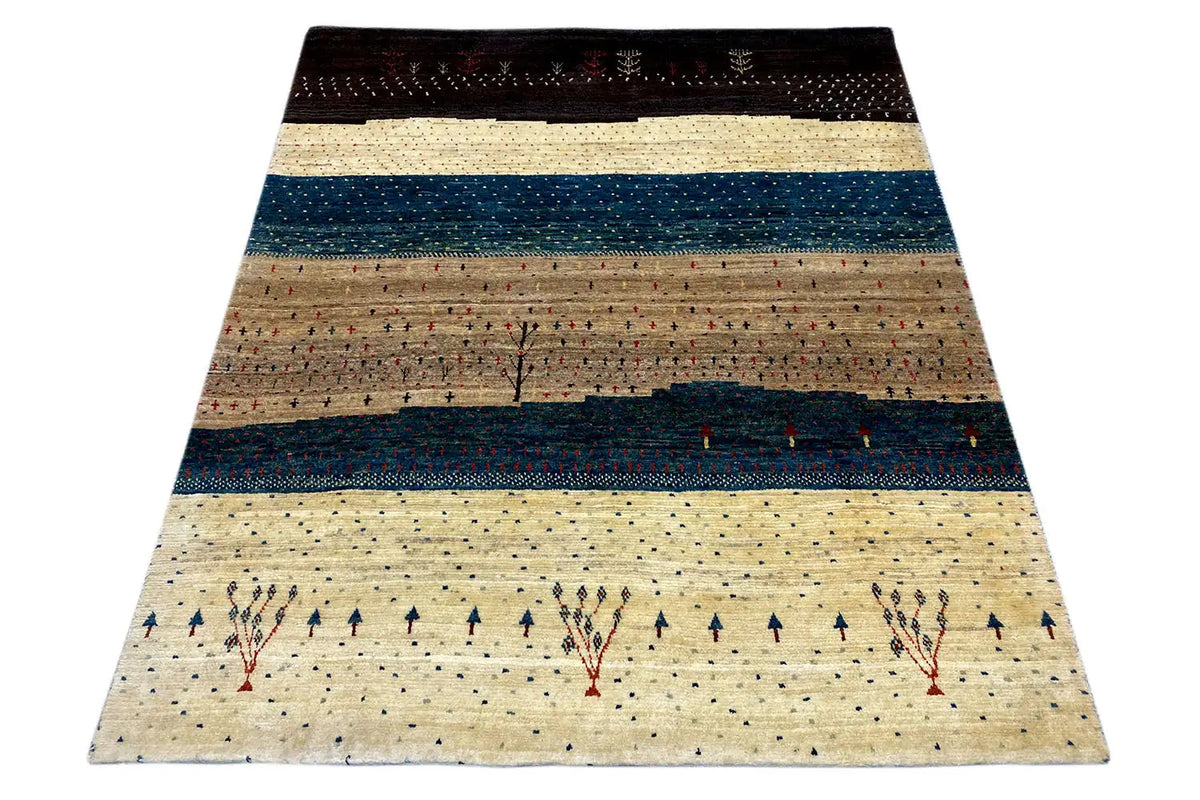 Gabbeh Lori rug from above: beige base with petrol-colored stripes and rows of small ornaments