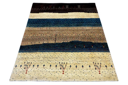 Gabbeh Lori rug from above: beige base with petrol-colored stripes and rows of small ornaments