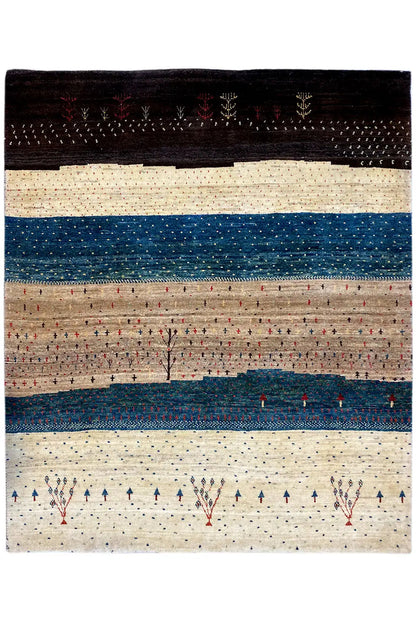 Gabbeh-Lori rug front view: wide central stripe in petrol, surrounding dark border