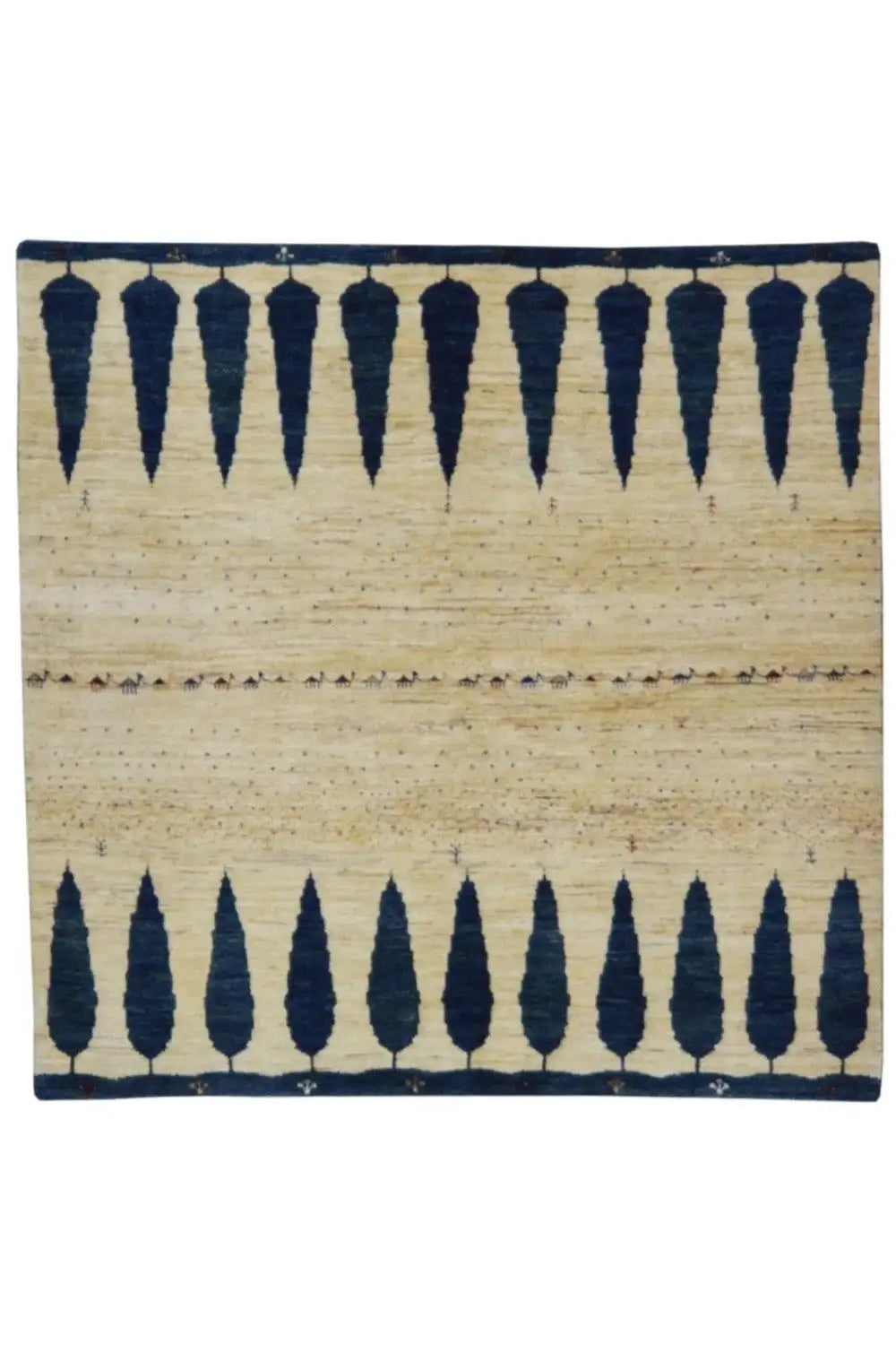 Rectangular Gabbeh rug with a beige base and dark blue ornamental border stripes