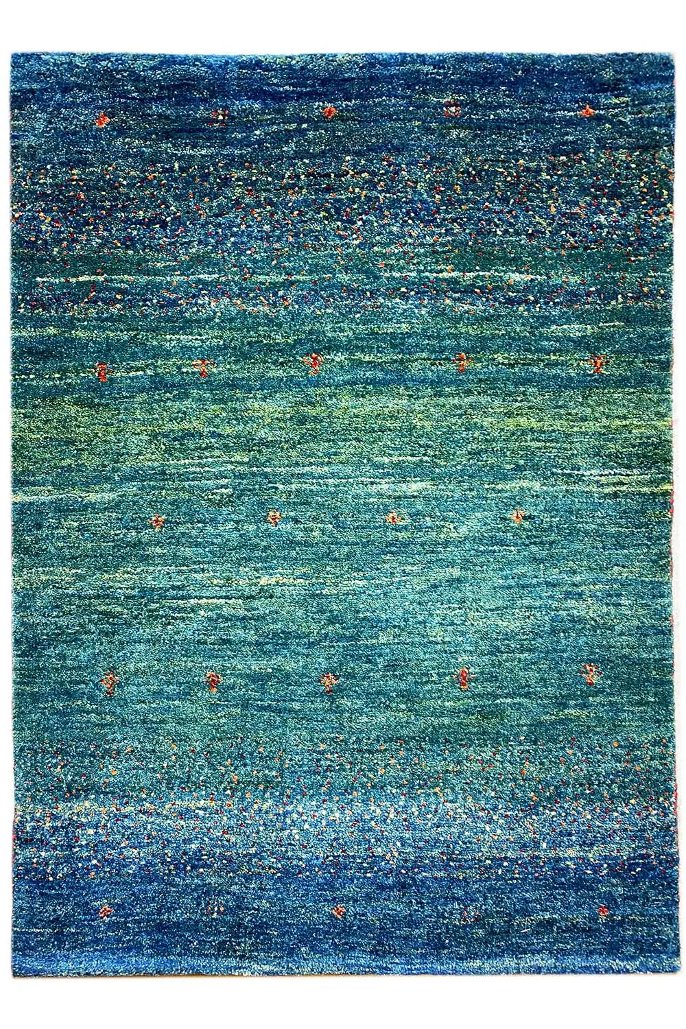 Gabbeh rug 91x63 cm flat-woven: green-blue and dark blue with a delicate pattern of colorful dots