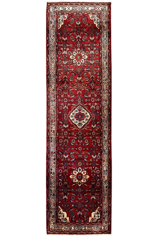 Hamadan runner (rectangular) in red with medallion motif and colorful border