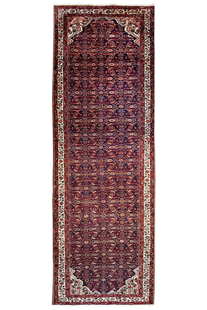Hamadan runner 408x120 cm, rectangular border rug in blue, red and beige