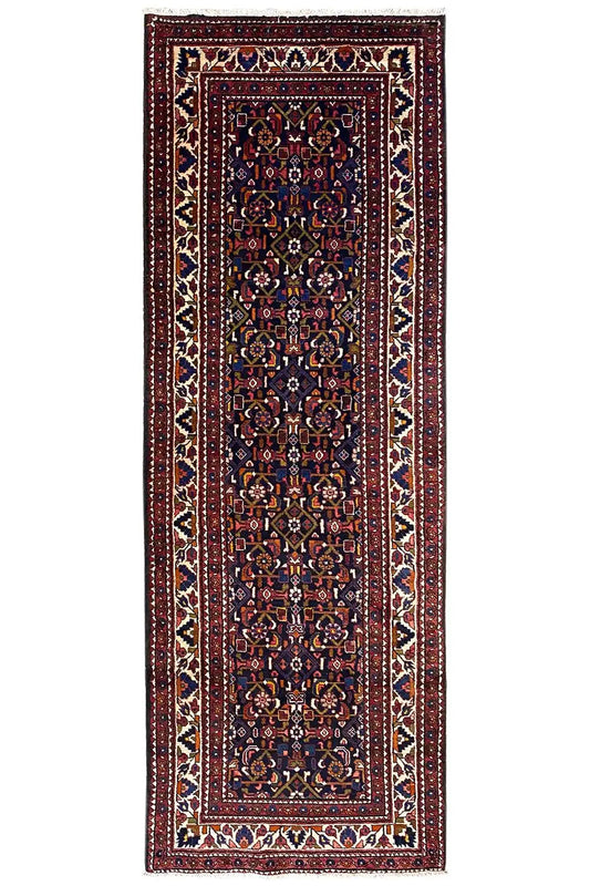 Hamadan runner, 325x110 cm, dark-bordered and medallion Oriental rug