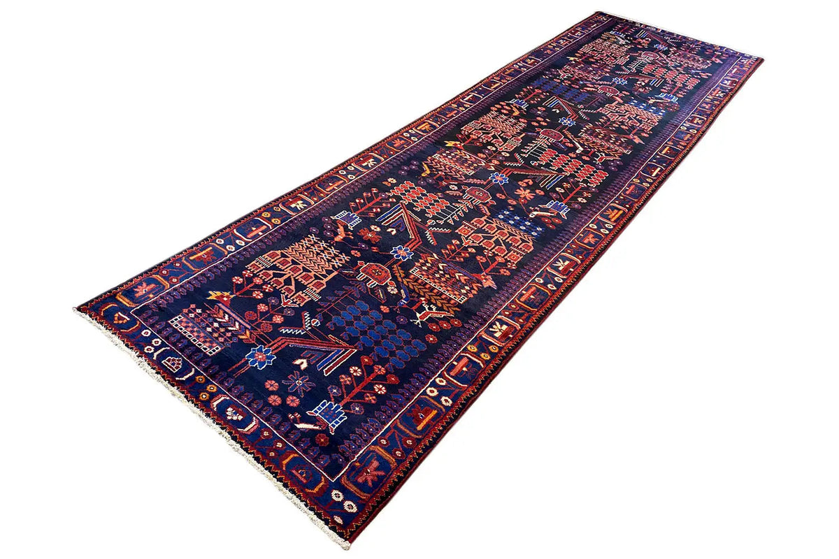 Hamadan runner, rectangular, blue with a red ornamental and vine pattern, hemmed