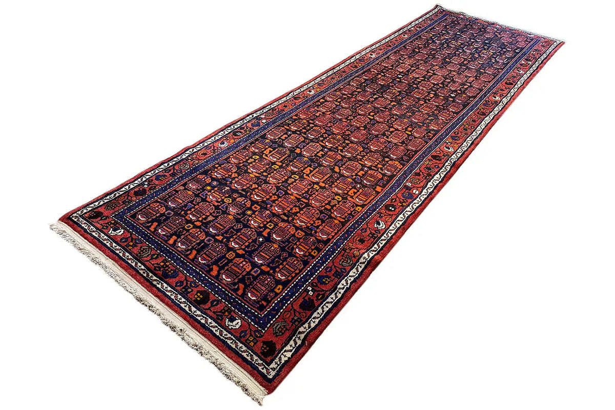 Hamadan runner: twisted, laid out, geometric red-and-blue pattern with border and fringes
