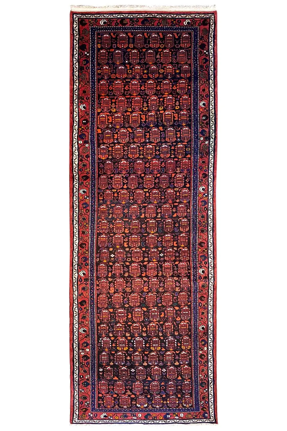 Hamadan runner in portrait orientation: rectangular pattern in dark red with a blue border framing