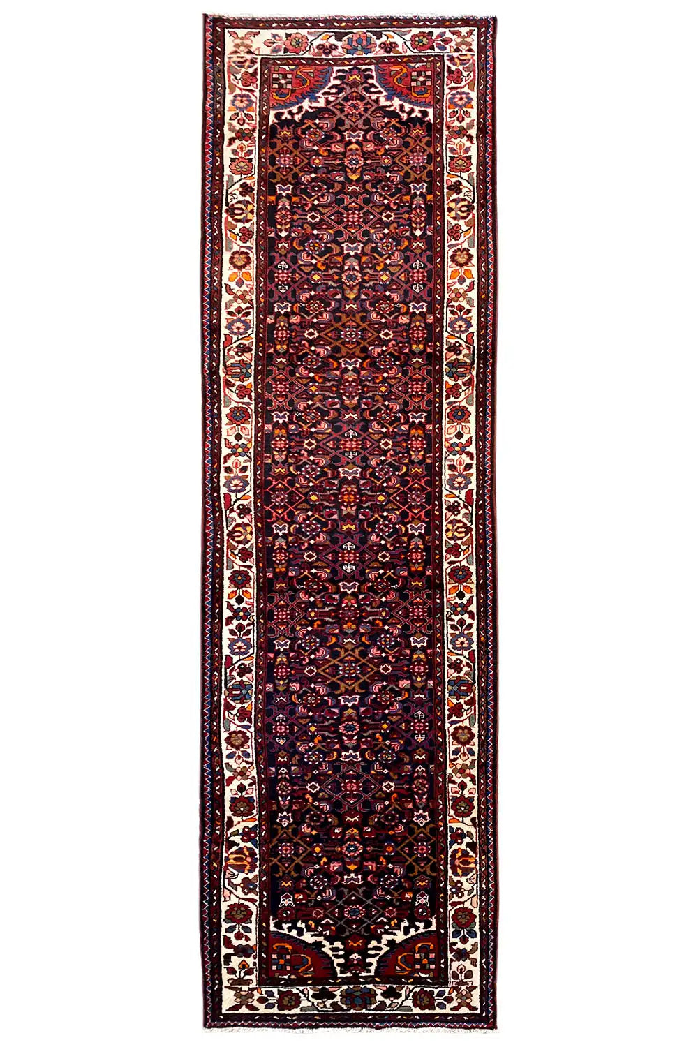 Narrow dark red oriental rug runner with a light decorative border and central motif