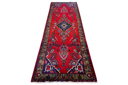 Hamadan runner 317x110 cm, red carpet runner with medallion and border