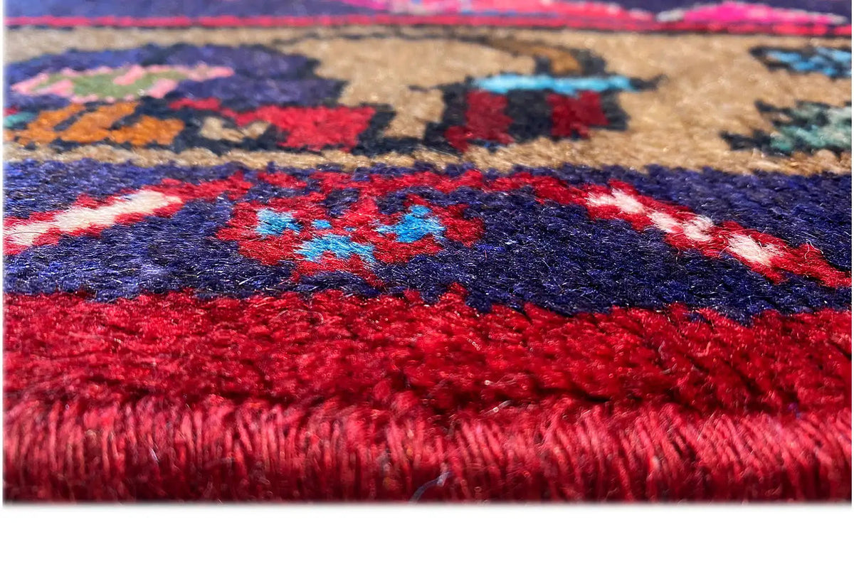 Hamadan runner 317x110 cm Detail: red pile fibers with fringes and colorful ornaments